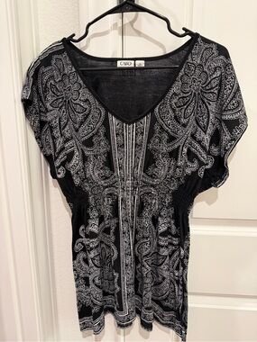 Cato Black and White Paisley V-Neck Tunic Top